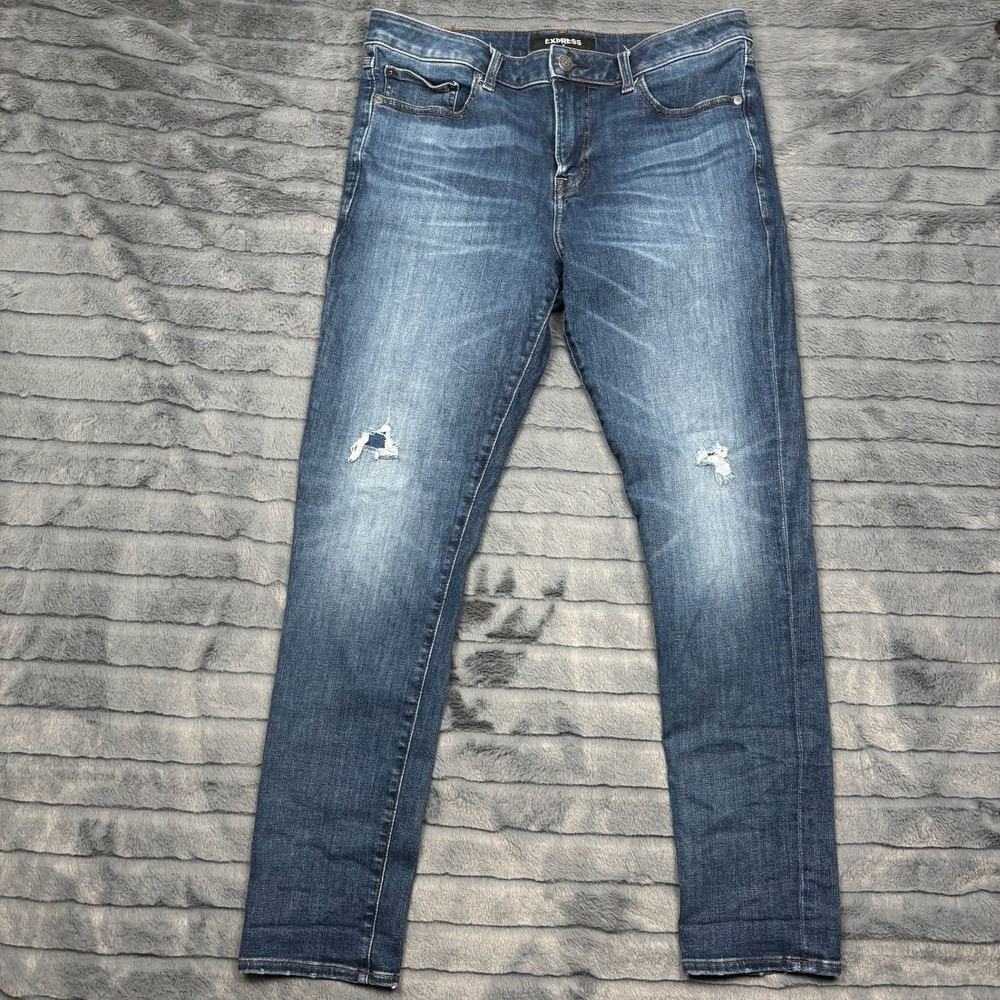 Express Hyper Stretch Skinny Jeans Mens 33x32 Medium Wash Blue Distressed Denim